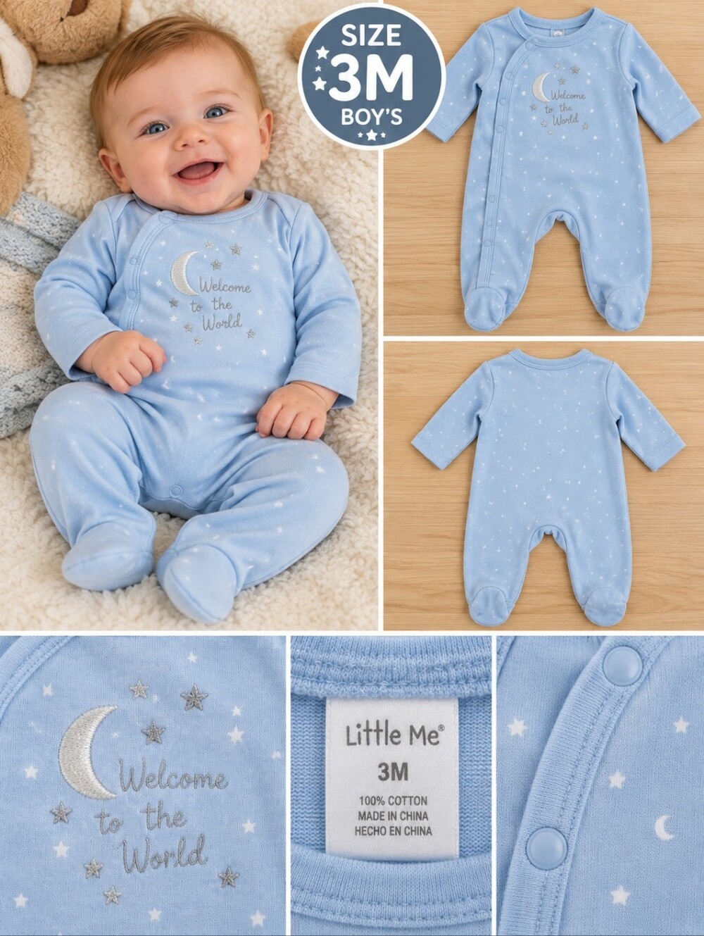 Little me infant boy 3m blue welcome to the world onesie #34